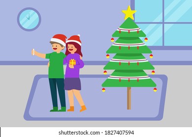 Christmas vector concept: Young couple taking selfie photo together while celebrating christmas day at home with christmas tree background