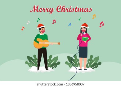 Christmas vector concept: Young couple in face mask singing christmas carol together while playing guitar during corona virus pandemic