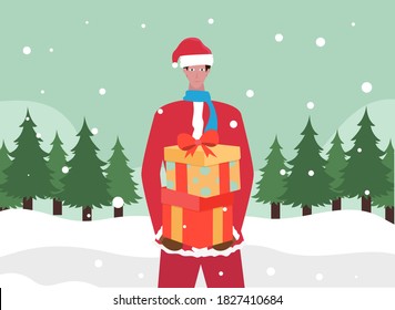 Christmas vector concept: Young man carrying presents while wearing santa hat 