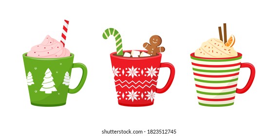 Christmas vector cups with drinks. Holiday mugs with hot chocolate, cocoa or coffee, and cream. Candy cane, cinnamon sticks, marshmallows. Winter illustration