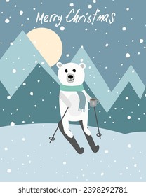Christmas Vector Cute Hand drawn Skiing Polar Bear on Mountain Winter Happy Holidays Background