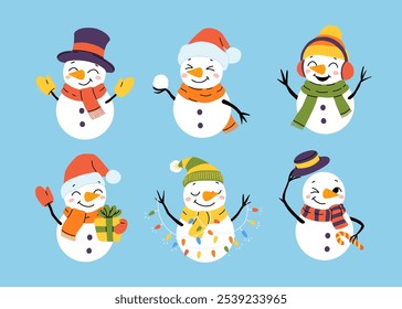 Christmas vector cute snowmen in different hats and scarves. New year illustration.