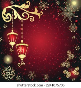 Christmas vector dark red gradient background with golden snowflakes and lights and butterflies