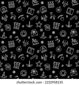 Christmas vector dark seamless background - Happy New Year or Xmas concept linear pattern