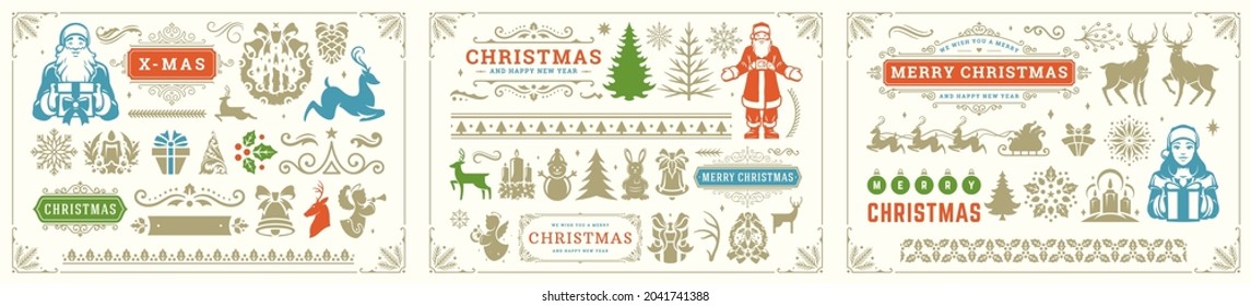 Elementos de decoración vectorial de Navidad con viñetas y símbolos ornamentados. Grandes iconos de colección con ornamentos para etiquetas y banners o tarjetas de felicitación . Ilustración vectorial.
