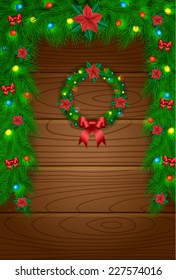 Christmas vector decoration with needles, Christmas rose, lights and ribbons
