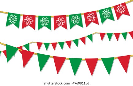 Christmas vector decoration. Red and green flags on white background. Set of garlands and buntings