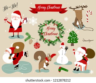 Christmas vector decoration set with santas and animals