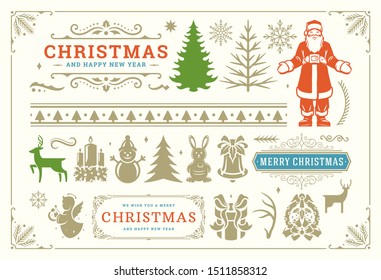 Christmas vector decoration symbols, ornate swirls and icons for labels, banners and greeting cards, design elements set with ornaments. Vector illustration.