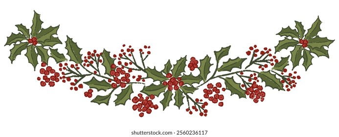 Christmas vector decorative arrangement with holly and red berries