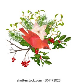 Christmas vector decorative composition. Bird, poinsettia flowers with Rowan and Holly branch on a white background