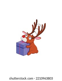 Christmas vector deer with gift vector isolated on white background. Xmas vector.  Perfect for coloring book, textiles, icon, web, painting, books, t-shirt print.  