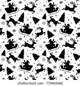 christmas vector deer santa claus on sleigh snowflakes fir trees silhouettes on white background pattern