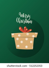 Christmas vector design card. Gift box with red bow and hand lettered text.