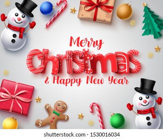 Christmas vector design concept. Merry christmas holiday season greeting card with 3d xmas elements of snowman, gingerbread, gift , candy cane, balls and pine leaves in white background. Vector 