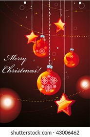 Christmas vector design with copy space ball illustration. Gold New-Year's star and balls on a red background.