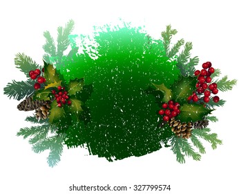 Christmas vector design with holly leaves and berries, coniferous branches and cones. Snowflakes in the foreground.
