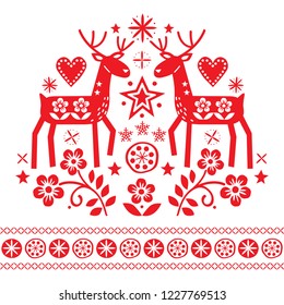 Christmas vector design with reindeer, flowers, Scandinavian folk art pattern in red on white background - Merry Christmas decoration. Cute Scandinavian style retro greeting card illustration


