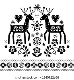 Christmas vector design with reindeer, flowers, Scandinavian folk art pattern in black on white background - Merry Christmas decoration. Cute Scandinavian style retro greeting card illustration