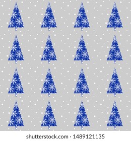 Christmas vector design. Seamless pattern with christmas blue christmas trees with white snowflakes on a gray artistic background. Winter illustration.