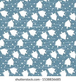 Christmas vector design. Seamless pattern with white Christmas trees, snowflakes, snowfall on a bluish background, artistic, with old vintage texture. Winter illustration.