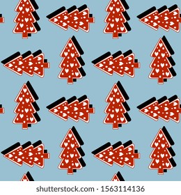 Christmas vector design. Seamless pattern with red christmas trees with hearts and snowballs with reflection of shadow on a blue background.