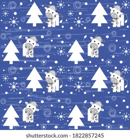 Christmas vector design. White funny bulls, snowflakes and Christmas trees on a purple textured background. Festive illustration.
