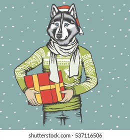 Christmas vector dog concept. Husky vector illustration. Dog in human sweatshirt, Santa hat and gift
