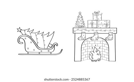 Christmas vector doodle illustrations. A fireplace with a burning fire. Christmas tree, gifts. Cozy symbol of warmth and family traditions.