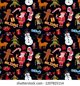 Christmas vector doodle seamless pattern with Santa Claus, christmas tree, snowman, elfs, cookies, reindeer, caramel candy, gift boxes, jack-in-box toy, sock, sweets, snowflakes. 