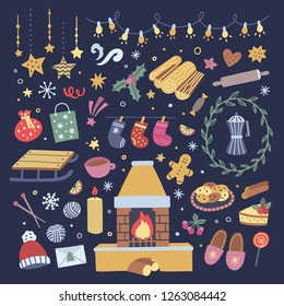 Christmas vector doodles for card decorations. Cute winter time hygge illustrations and happy new year elements on dark background