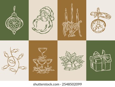 Coleção de doodles de vetor de Natal. Arte para cartões comemorativos, convites de casamento, design de cartaz, cartões postais, branding, design de logotipo, fundo.