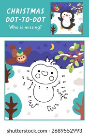 Navidades Vector punto a punto y actividad de color con pingüino, escenario de invierno nevado de colores. Nuevo año conectar el juego de puntos para los niños con lindo pájaro. Qué falta en la hoja de cálculo imprimible
