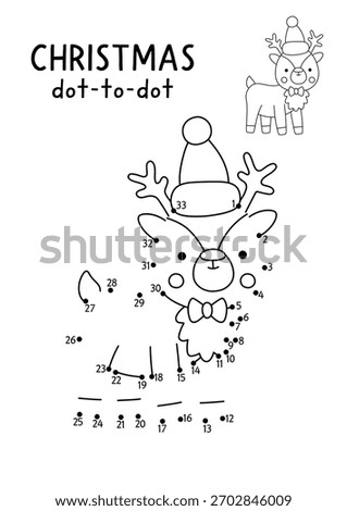 Christmas vector dot-to-dot and color activity with cute deer. Black and white New Year connect the dots game for children with holiday symbol. Winter line printable worksheet
