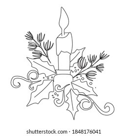 Christmas vector drawing. Candle burning in a New Year's ornament.