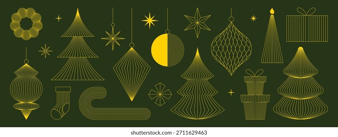 Conjunto de elementos de Vector de Navidades. Ornamentos de lujo de la línea de oro, árboles y Formas festivas perfectas para la decoración y el diseño de vacaciones.