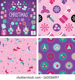 Christmas vector elements set for festive design. Seamless background. Gift, Snowflake, Serpentine, Ostrolist, Christmas sock, Star, Cute Owl