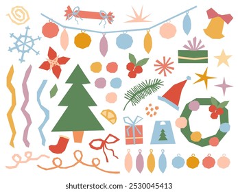 Christmas vector elements set in modern cutout style. Winter decorations, garland, wreath, Christmas tree, baubles, gift boxes, ribbons, red berries. Simple illustrations, muted retro color palette