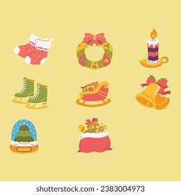 Christmas Vector Elements Set. wreath, candle, bell, sleigh, stocking, ice skates, santa claus red bag, snow globe. christmas collections. Vector Illustrations