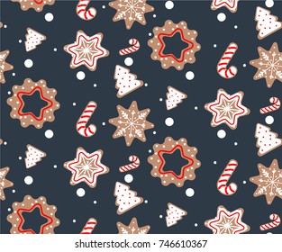 Christmas vector endless pattern. Vector illustration of New Year food on deep blue background for your design, cards, banners.