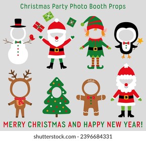 Christmas vector face in hole party props (Santa, Elf, Snowman, Penguin, Gingerbread Cookie)