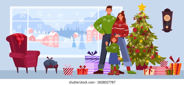 Christmas Vector Family Illustration With X-mas Tree, Living Room, Window, Presents, Armchair, Cat. Winter Holiday Background With Happy Mother, Father, Daughter, Pet, Gifts. Christmas Family Postcard