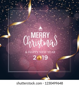 Christmas vector festive background  greeting card with text and golden ribbons