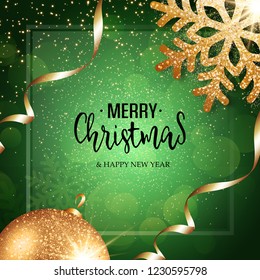 Christmas vector festive green background greeting card with text, event ball, snowflake and golden ribbons