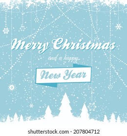 Christmas Vector with Festive Message over Trees, Snow and Decorative Blue Background 