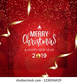 Christmas vector festive red background greeting card with text and golden ribbons