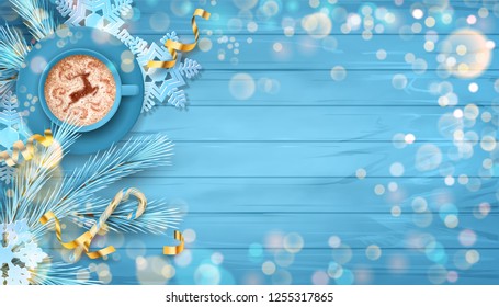 Christmas vector festive top view background with fir twigs, Christmas gold ornaments on blue wooden table
