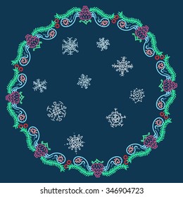 Christmas vector fir wreath with pine cone and snowflakes