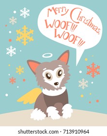 Christmas vector flat card with the cute puppy. New year holiday atmosphere, winter symbol. Dog Chinese Crested
 with the angel wings, felicitation in the bubble
