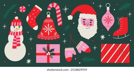 Christmas vector flat cartoon illustration set with winter holiday decorations design elements, festive ornament, xmas bauble, santa claus, socks, snowman, gift box, toys, retro sticker collection